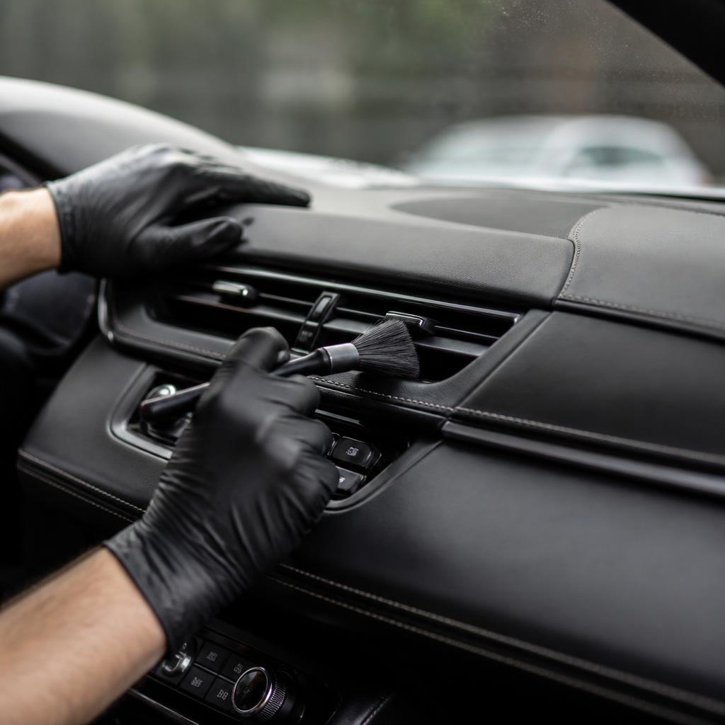 Gloved hands detailing dashboard vents with a brush