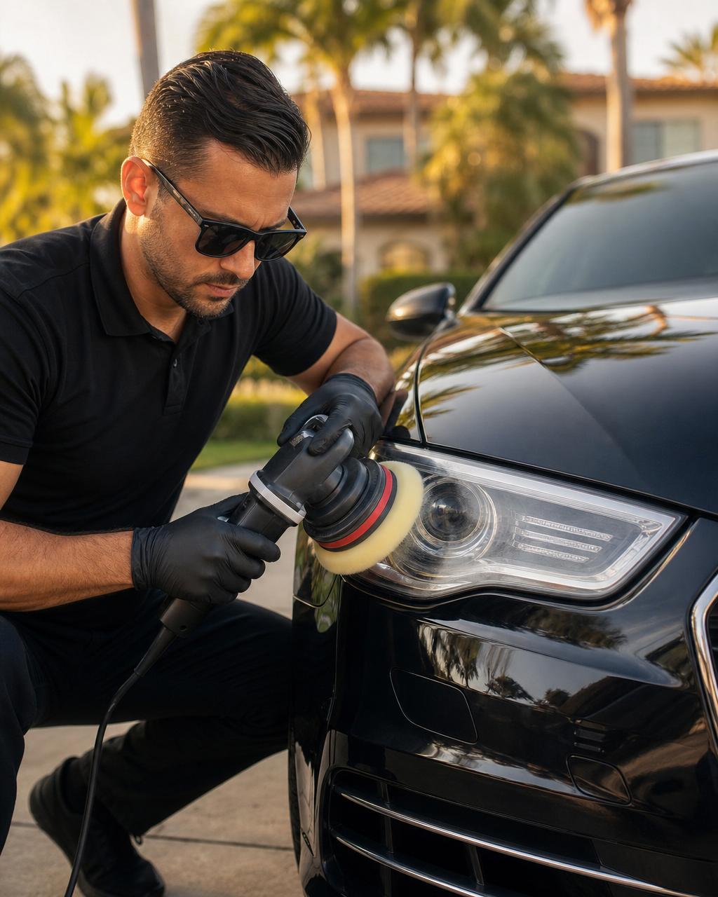 Professional detailer restoring a faded car headlight with a polishing machine